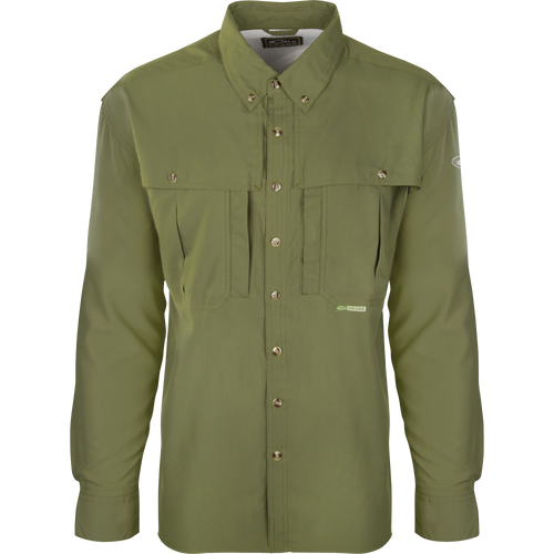 Flyweight Wingshooter's Shirt L/S featuring buttons, collar, and Magnattach™ vertical chest pocket, designed for breathability and quick-drying, ideal for warm-weather outdoor activities.