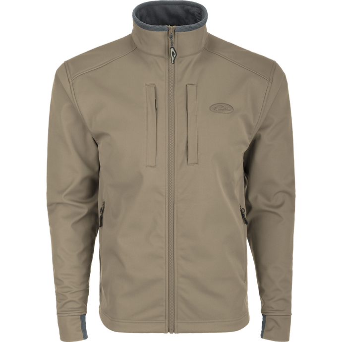 Windproof Soft Shell Jacket with YKK zippers and multiple pockets. Water resistant and durable for outdoor activities.