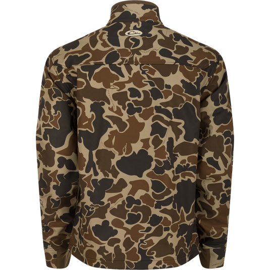 Camo Windproof Softshell Jacket in camouflage pattern, featuring two chest pockets, two slash pockets, stretch cuffs, and drawcord waist for adjustable fit.