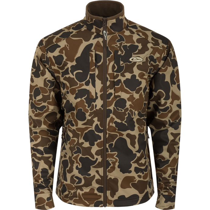 Camo Windproof Softshell Jacket with chest and slash pockets, drawcord waist, zippered side pockets, and stretch cuffs, designed for wind and water resistance.