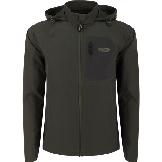 Rain Brake Lightweight Solid Softshell Jacket with adjustable hood and multiple pockets, ideal for outdoor activities. Polyester/Spandex blend with water-resistant finish. Perfect for hunting and fishing.