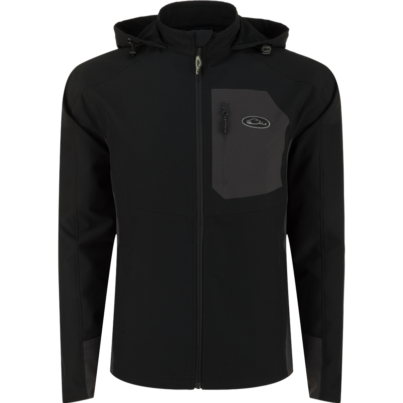 Rain Brake Lightweight Solid Softshell Jacket with adjustable hood and multiple pockets, ideal for inclement weather. Polyester/Spandex blend with DWR finish. From Drake Waterfowl, known for high-quality hunting and outdoor gear.