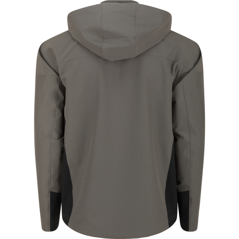 A lightweight Rain Brake hooded jacket in grey, ideal for inclement weather. Polyester/Spandex blend with DWR finish, adjustable hood and hem, YKK zippered pockets. Perfect for outdoor pursuits.