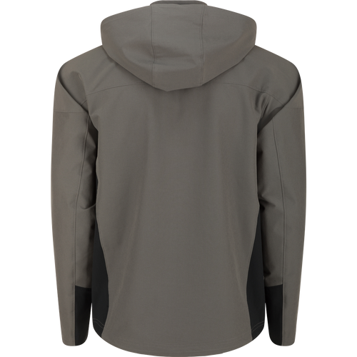 A lightweight Rain Brake hooded jacket in grey, ideal for inclement weather. Polyester/Spandex blend with DWR finish, adjustable hood and hem, YKK zippered pockets. Perfect for outdoor pursuits.