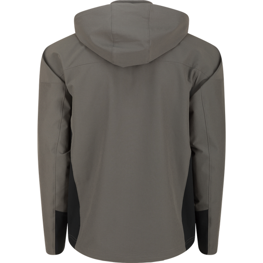 A lightweight Rain Brake hooded jacket in grey, ideal for inclement weather. Polyester/Spandex blend with DWR finish, adjustable hood and hem, YKK zippered pockets. Perfect for outdoor pursuits.