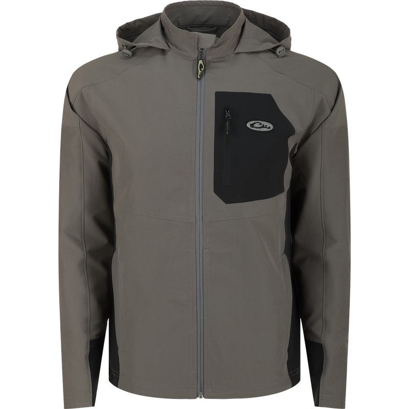 A grey lightweight Rain Brake jacket with adjustable hood and ample pockets, ideal for inclement weather. Polyester/Spandex blend with DWR finish. Perfect for hunting and outdoor activities.