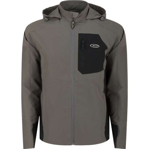 A grey lightweight Rain Brake jacket with adjustable hood and ample pockets, ideal for inclement weather. Polyester/Spandex blend with DWR finish. Perfect for hunting and outdoor activities.