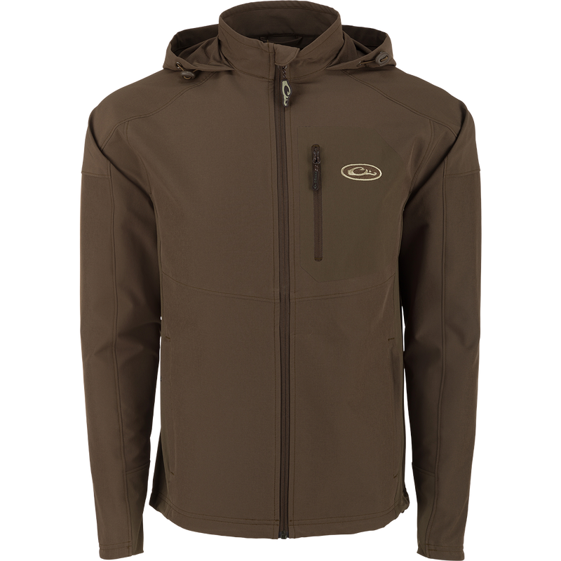 Rain Brake Lightweight Solid Softshell Jacket by Drake Men's, a high-quality hunting essential. Polyester/Spandex blend with DWR finish. Adjustable hood and hem, YKK zippers, and internal pockets for versatility.