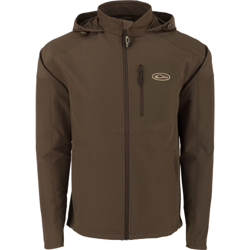 Rain Brake Lightweight Solid Softshell Jacket by Drake Men's, a high-quality hunting essential. Polyester/Spandex blend with DWR finish. Adjustable hood and hem, YKK zippers, and internal pockets for versatility.