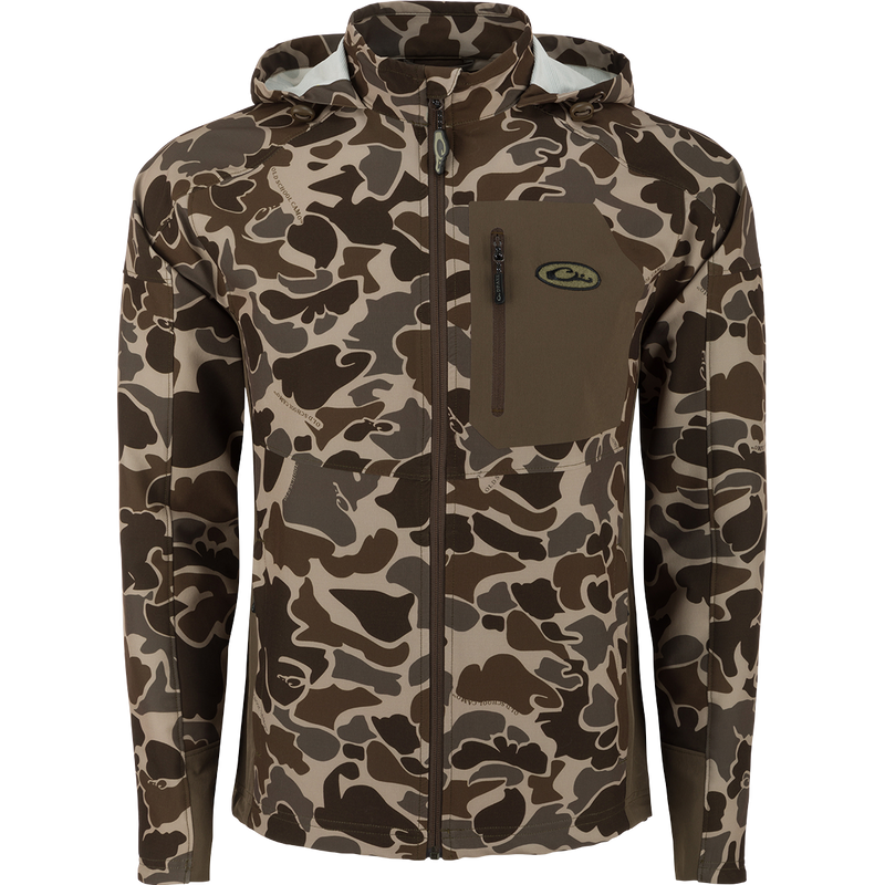 A durable Drake Rain Brake Lightweight Softshell Jacket with adjustable hood and hem. Features YKK zippered pockets and water-resistant finish. Ideal for outdoor activities.