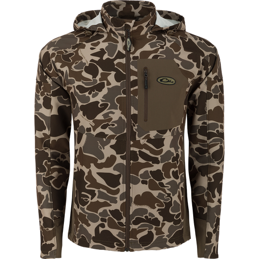 A durable Drake Rain Brake Lightweight Softshell Jacket with adjustable hood and hem. Features YKK zippered pockets and water-resistant finish. Ideal for outdoor activities.