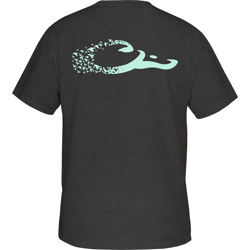 Drake Duck Logo T-Shirt showcasing a blue logo with birds on the back, made from 50% cotton and 50% polyester, with a tagless neck label.