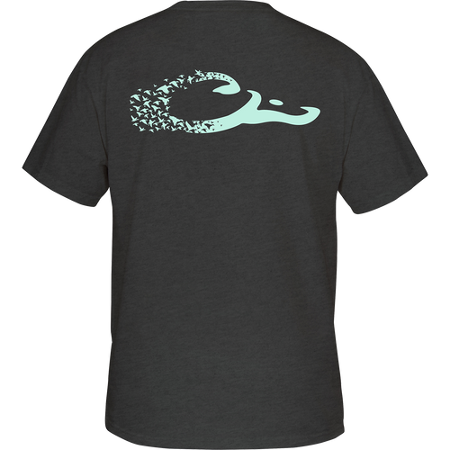 Drake Duck Logo T-Shirt showcasing a blue logo with birds on the back, made from 50% cotton and 50% polyester, with a tagless neck label.