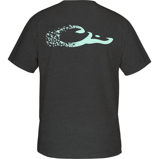 Drake Duck Logo T-Shirt showcasing a blue logo with birds on the back, made from 50% cotton and 50% polyester, with a tagless neck label.