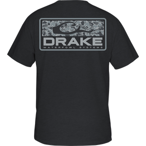 Old School Bar T-Shirt: Back view of black tee with Old School Camo Drake Logo print. Front pocket features classic Drake Waterfowl logo. High-quality 100% Ring Spun cotton or 60% cotton and 40% polyester.