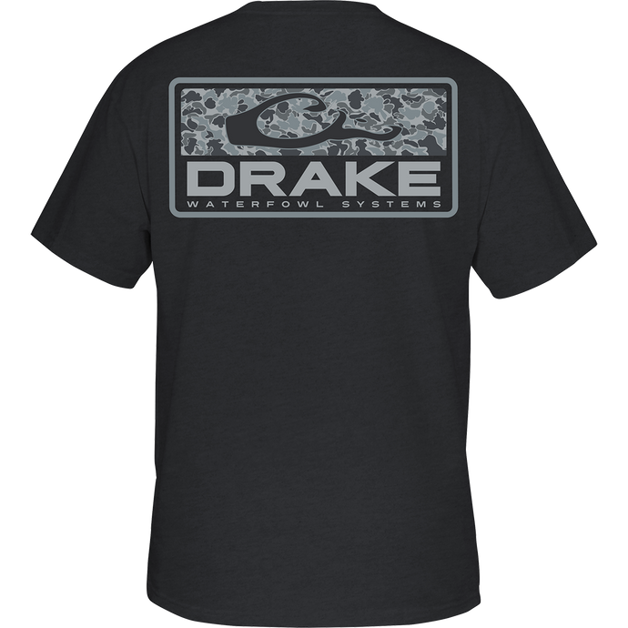 Old School Bar T-Shirt: Back view of black tee with Old School Camo Drake Logo print. Front pocket features classic Drake Waterfowl logo. High-quality 100% Ring Spun cotton or 60% cotton and 40% polyester.