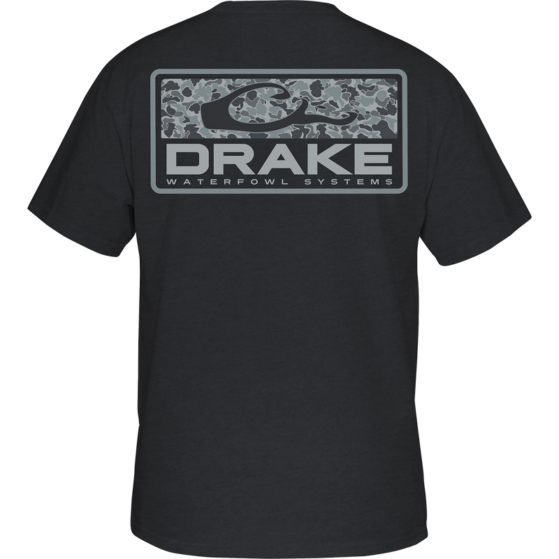 Old School Bar T-Shirt: Back view of black tee with Old School Camo Drake Logo print. Front pocket features classic Drake Waterfowl logo. High-quality 100% Ring Spun cotton or 60% cotton and 40% polyester.