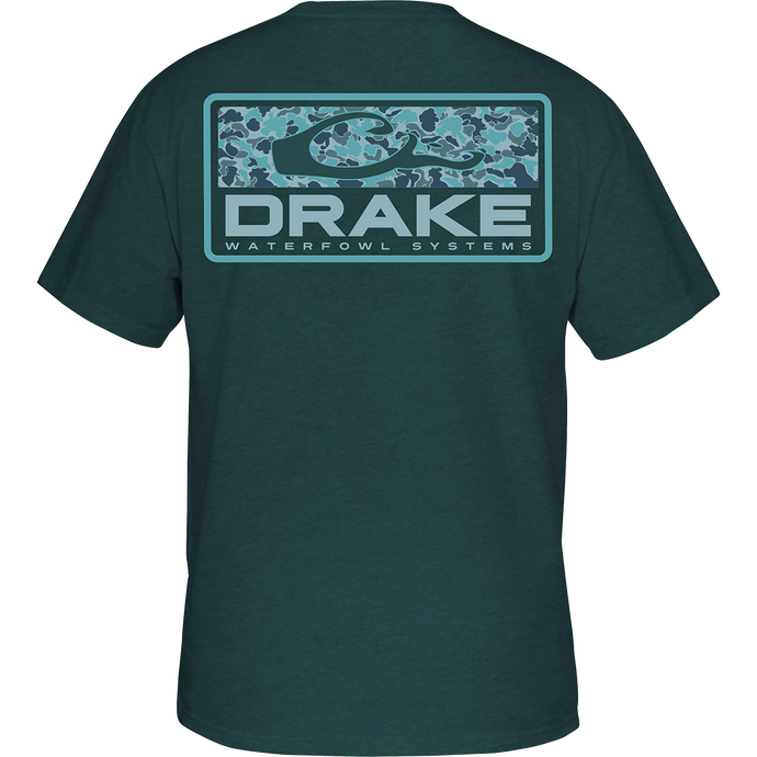 Alt text: Old School Bar T-Shirt featuring back screen print of exclusive Old School Camo & Drake Logo overprint. Front pocket with classic Drake Waterfowl logo. High-quality cotton blend.