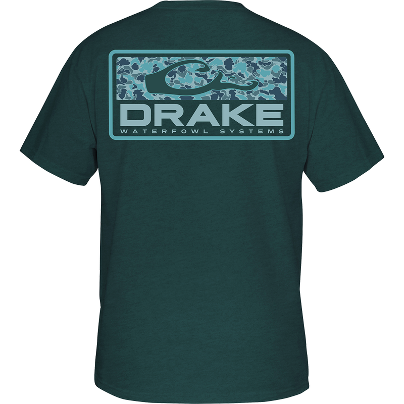 Alt text: Old School Bar T-Shirt featuring back screen print of exclusive Old School Camo & Drake Logo overprint. Front pocket with classic Drake Waterfowl logo. High-quality cotton blend.
