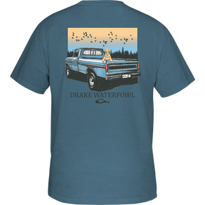 Old School Ford T-Shirt with dog design on back, featuring front chest pocket with Drake Logo. Comfortable and stylish.