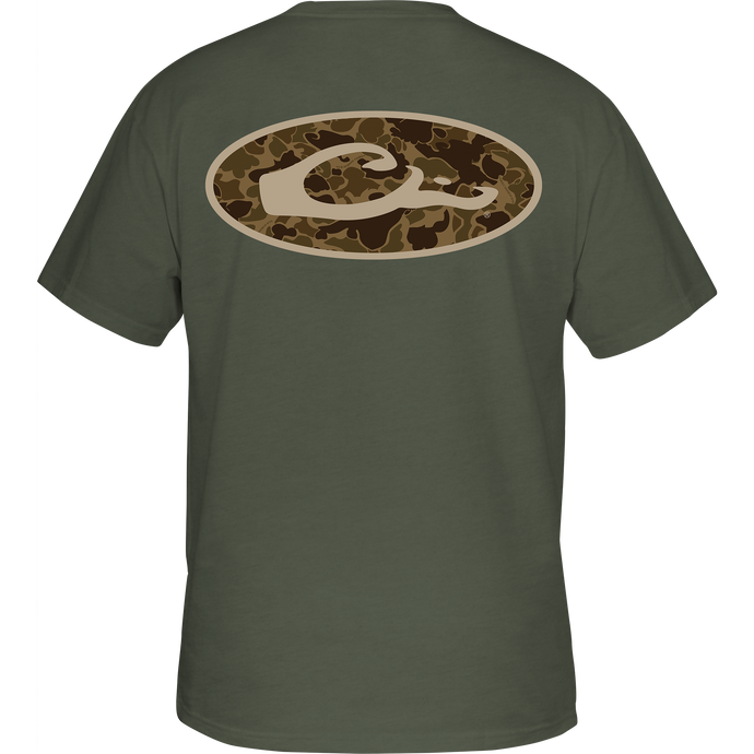 Old School Oval T-Shirt with exclusive Old School Camo back print featuring Drake logo. Cotton/polyester blend for comfort. Front pocket with Drake Waterfowl logo.