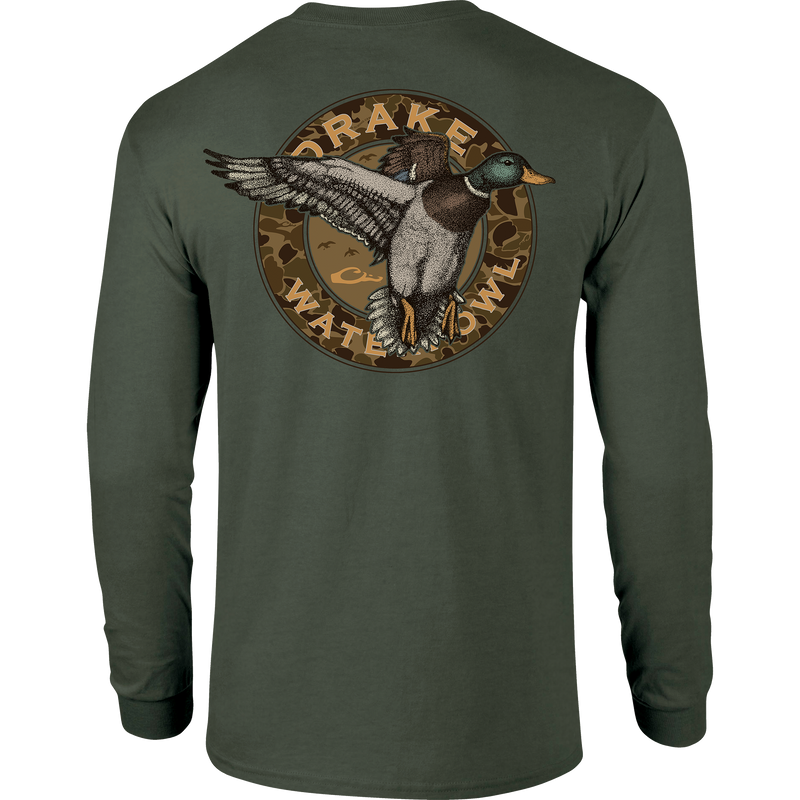 A Circle Mallard Long Sleeve T-Shirt featuring a Drake logo on the front pocket and a classic Mallard graphic from the Vintage Drakes Series. Made of 60% cotton and 40% polyester blend for comfort.