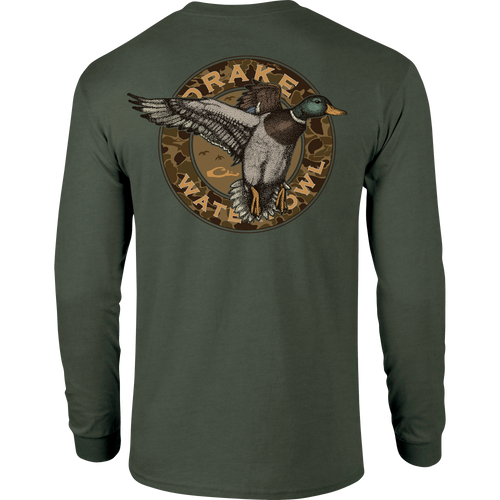 A Circle Mallard Long Sleeve T-Shirt featuring a Drake logo on the front pocket and a classic Mallard graphic from the Vintage Drakes Series. Made of 60% cotton and 40% polyester blend for comfort.