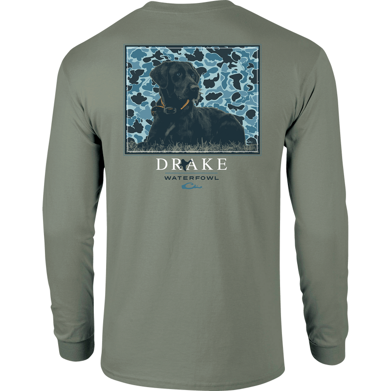 A Drake Waterfowl Old School Square Long Sleeve T-Shirt featuring a Black Lab in Old School Camo. Cotton-poly blend for comfort, Drake logo on front pocket. Ideal for hunting and casual wear.
