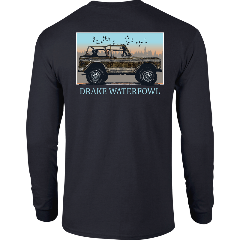 A Drake Old School Ride Along Long Sleeve T-Shirt featuring a Bronco in exclusive Old School Camo. Drake logo on front pocket. Ideal for hunting and outdoor enthusiasts.