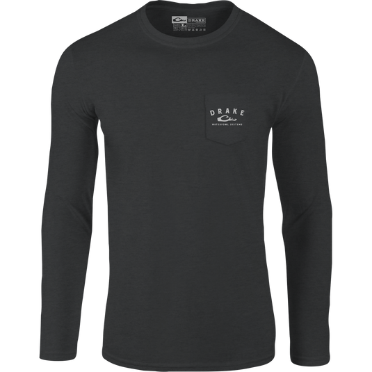 A black long-sleeved tee from Drake Waterfowl, featuring a Drake logo on the front pocket and ducks in flight on the back from the Old School Camo Series. Cotton/polyester blend, lightweight at 180 GSM.