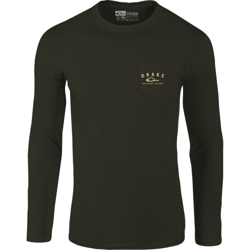 A Drake Waterfowl Old School Bar Long Sleeve T-Shirt with logo on front pocket and Old School Camo Series back graphic. 60% Cotton/40% Polyester blend for comfort.