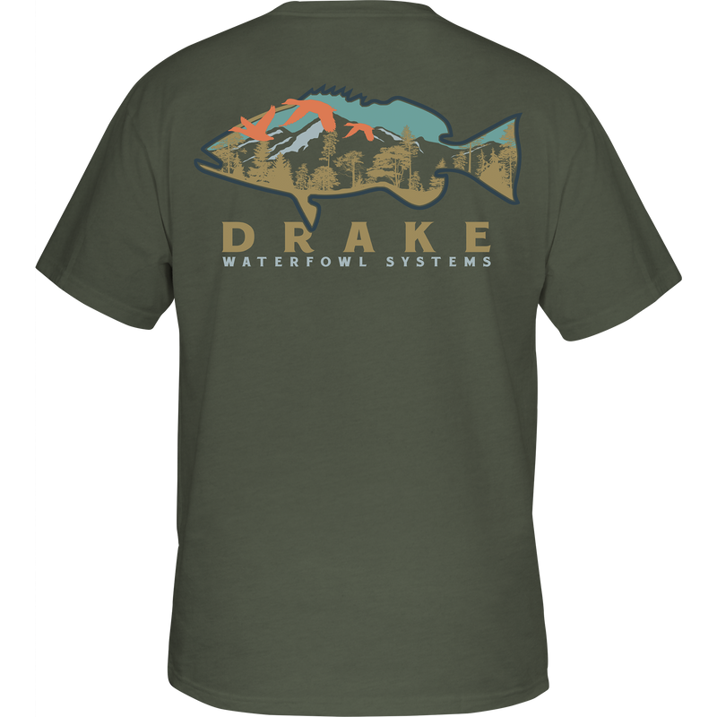 A Bass Tree Line T-Shirt by Drake Waterfowl, featuring a fish and mountain graphic on the back. Made of 60% cotton and 40% polyester for comfort. Drake logo on the front pocket.