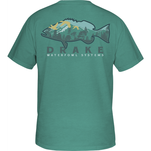 A Bass Tree Line T-Shirt by Drake Waterfowl, featuring a fish and mountain design on the back. Constructed with a 60% cotton and 40% polyester blend for softness and comfort.