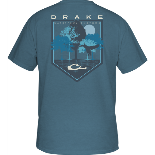 Alt text: Tall Oak T-Shirt featuring Drake logo on front pocket, back graphic of Oak Trees under moonlight. 60% cotton, 40% polyester blend for comfort. From Drake Waterfowl, known for premium hunting and casual apparel.