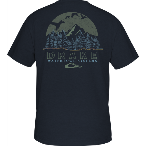 Alt text: Ridge Line T-Shirt featuring Drake logo on pocket, scenic mountain graphic on back. 60% cotton, 40% polyester blend, lightweight at 180 GSM.