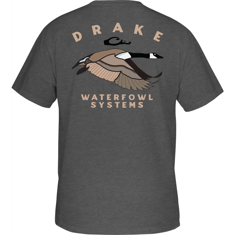 Retro Canada Goose T-Shirt featuring Drake logo pocket and duck graphic tee from Drake Waterfowl. 60% cotton/40% polyester blend, lightweight at 180 GSM.