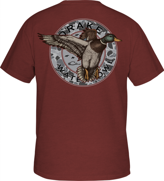 Circle Mallard T-Shirt featuring a Drake logo on the front pocket and a classic Mallard graphic on the back. Made of 60% cotton and 40% polyester for softness and comfort. From Drake Waterfowl.