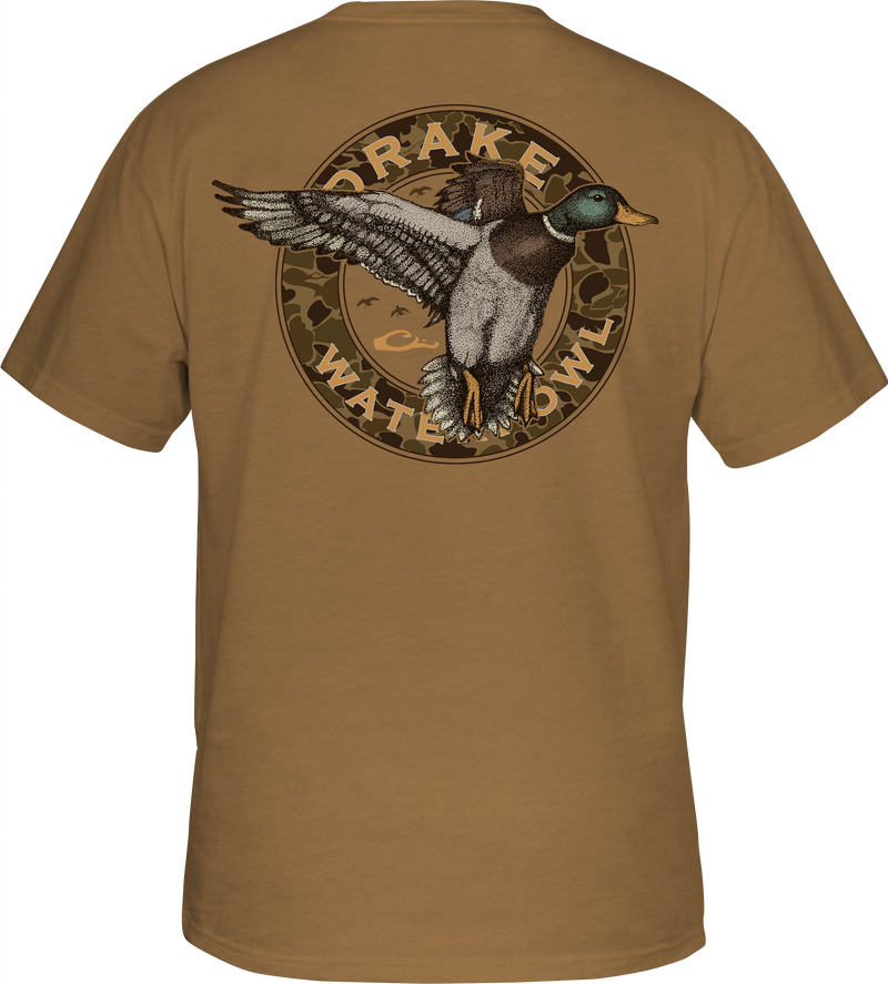 Circle Mallard T-Shirt featuring Drake logo on front pocket and Mallard graphic on back. 60% cotton, 40% polyester blend for comfort. From Drake Waterfowl, known for high-quality hunting and casual apparel.