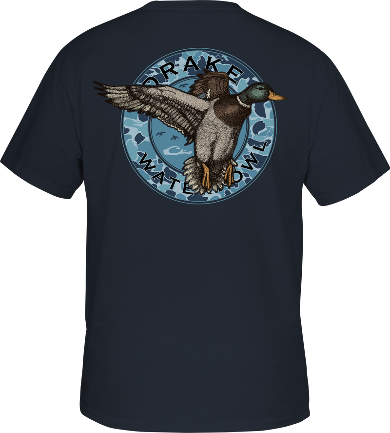 Circle Mallard T-Shirt featuring a duck graphic on the back, Drake logo on the front pocket. 60% cotton, 40% polyester blend for comfort. From the Vintage Drakes Series by Drake Waterfowl.
