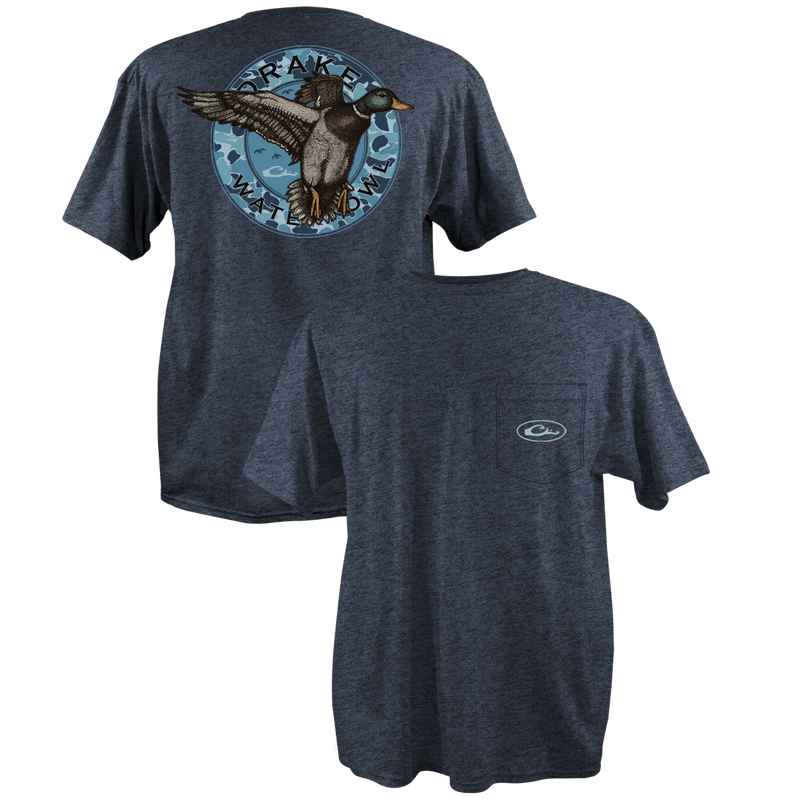A close-up of the Circle Mallard T-Shirt from Drake Waterfowl, featuring a Drake logo on the front pocket and a vintage Mallard graphic on the back. Constructed with a 60% cotton/40% polyester blend for comfort.