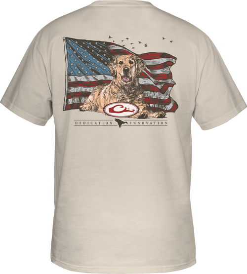 Yellow Lab Flag T-Shirt featuring a Yellow Lab overlay on an American flag, Drake logo on front pocket, made from a soft cotton-polyester blend.