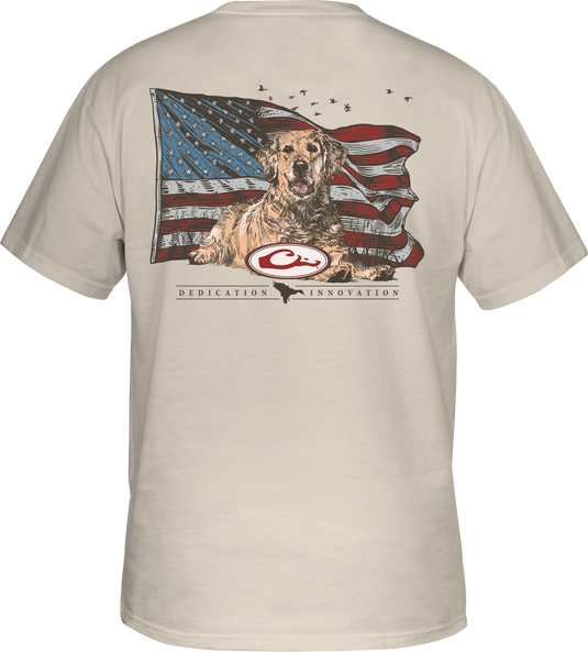 Yellow Lab Flag T-Shirt featuring a Yellow Lab overlay on an American flag, Drake logo on front pocket, made from a soft cotton-polyester blend.