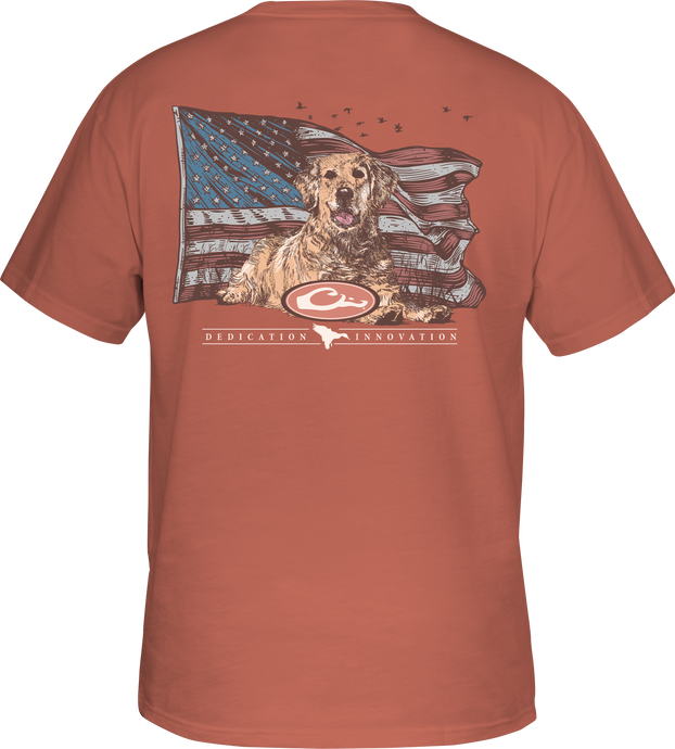 Yellow Lab Flag T-Shirt featuring a Yellow Lab over an American flag on the back, with a Drake logo pocket on the front.