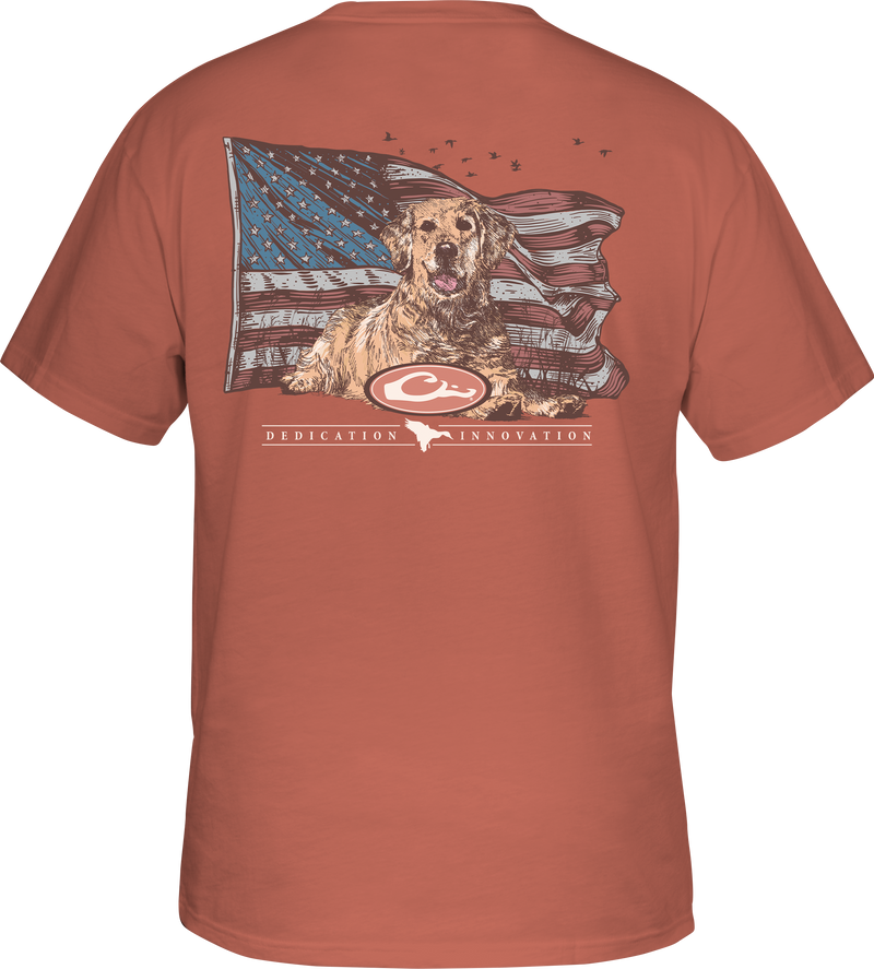 Yellow Lab Flag T-Shirt featuring a Yellow Lab over an American flag on the back, with a Drake logo pocket on the front.