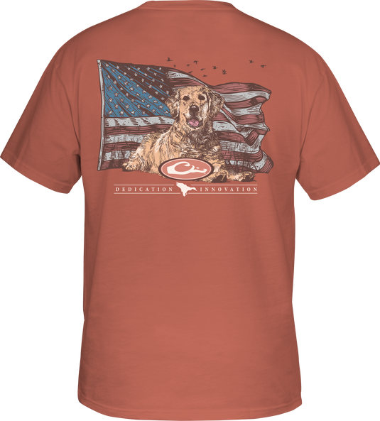 Yellow Lab Flag T-Shirt featuring a Yellow Lab over an American flag on the back, with a Drake logo pocket on the front.