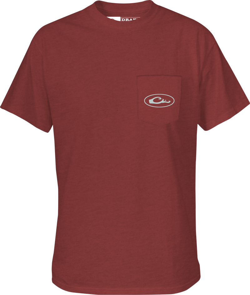 Pontoon Flag T-Shirt featuring a front pocket with Drake logo and graphic overlay of a pontoon on an American Flag, made of cotton-polyester blend.