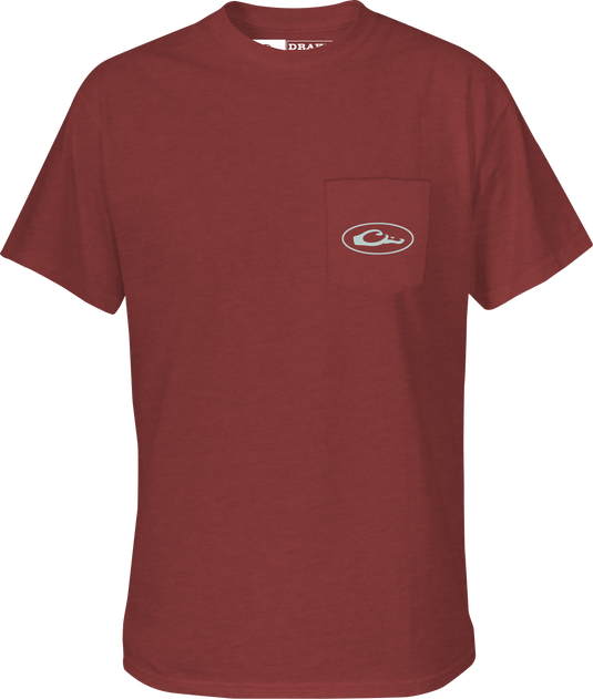 Pontoon Flag T-Shirt featuring a front pocket with Drake logo and graphic overlay of a pontoon on an American Flag, made of cotton-polyester blend.