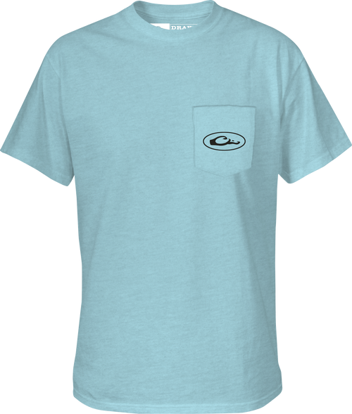 Pontoon Flag T-Shirt with front pocket featuring a Drake logo, part of the Americana Drake Series, designed for softness and comfort with a cotton-polyester blend.