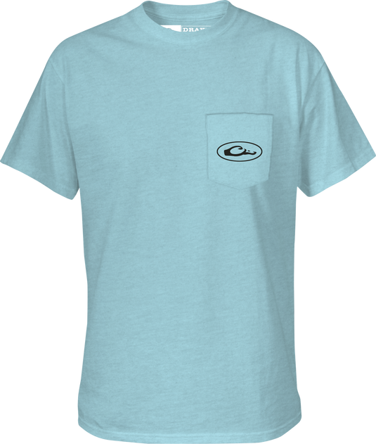 Pontoon Flag T-Shirt with front pocket featuring a Drake logo, part of the Americana Drake Series, designed for softness and comfort with a cotton-polyester blend.