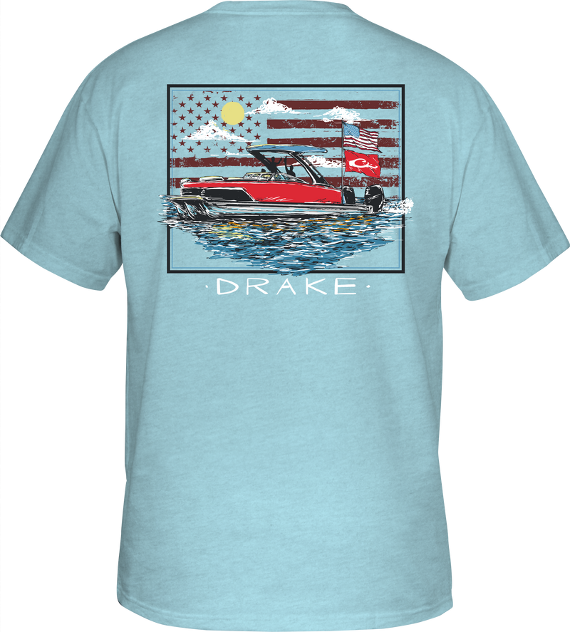 Pontoon Flag T-Shirt featuring a boat and American flag graphic on the back, crafted from a soft cotton-polyester blend with a Drake logo on the front pocket.